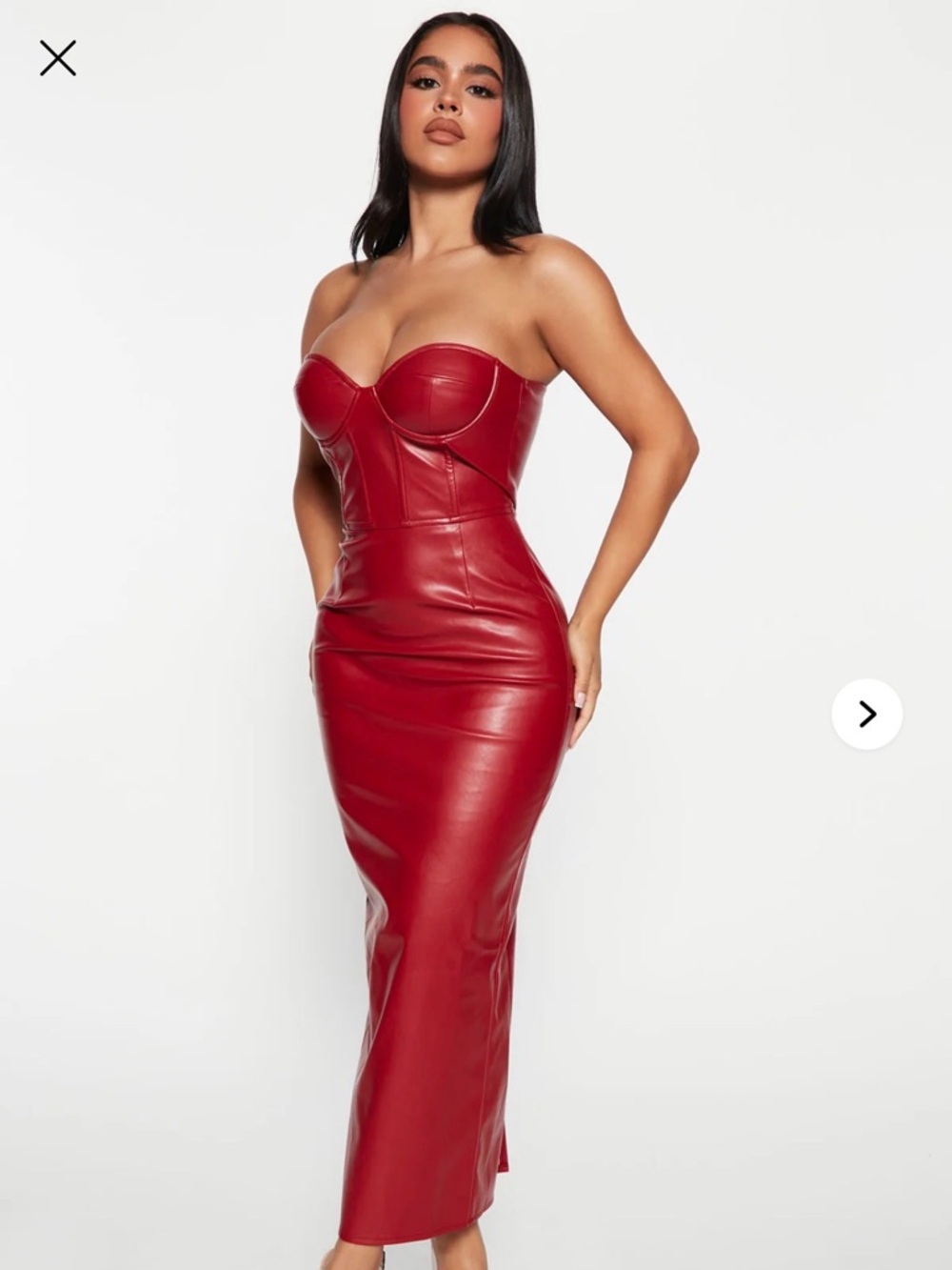 Fashion Nova Strapless Red Faux Leather Corset Midi Dress